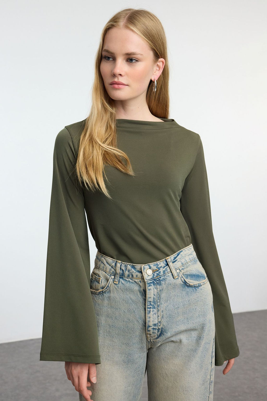 Haki Relaxed/Rahat Kal?p Ispanyol Kol Esnek Orme Bluz TWOAW25BZ00203