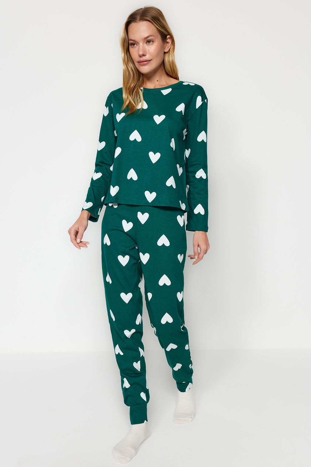 Zumrut Yesili %100 Pamuklu Kalpli Orme Pijama Tak?m? THMAW21PT0566