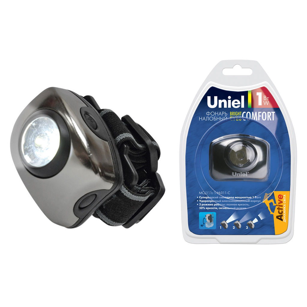 S-HL011-C Gun Metal Фонарь Uniel серии Стандарт Bright eyes comfort (налобный фонарь), алюминиевый корпус, 1 LED, упаковка кламшелл, 3хААА н/к