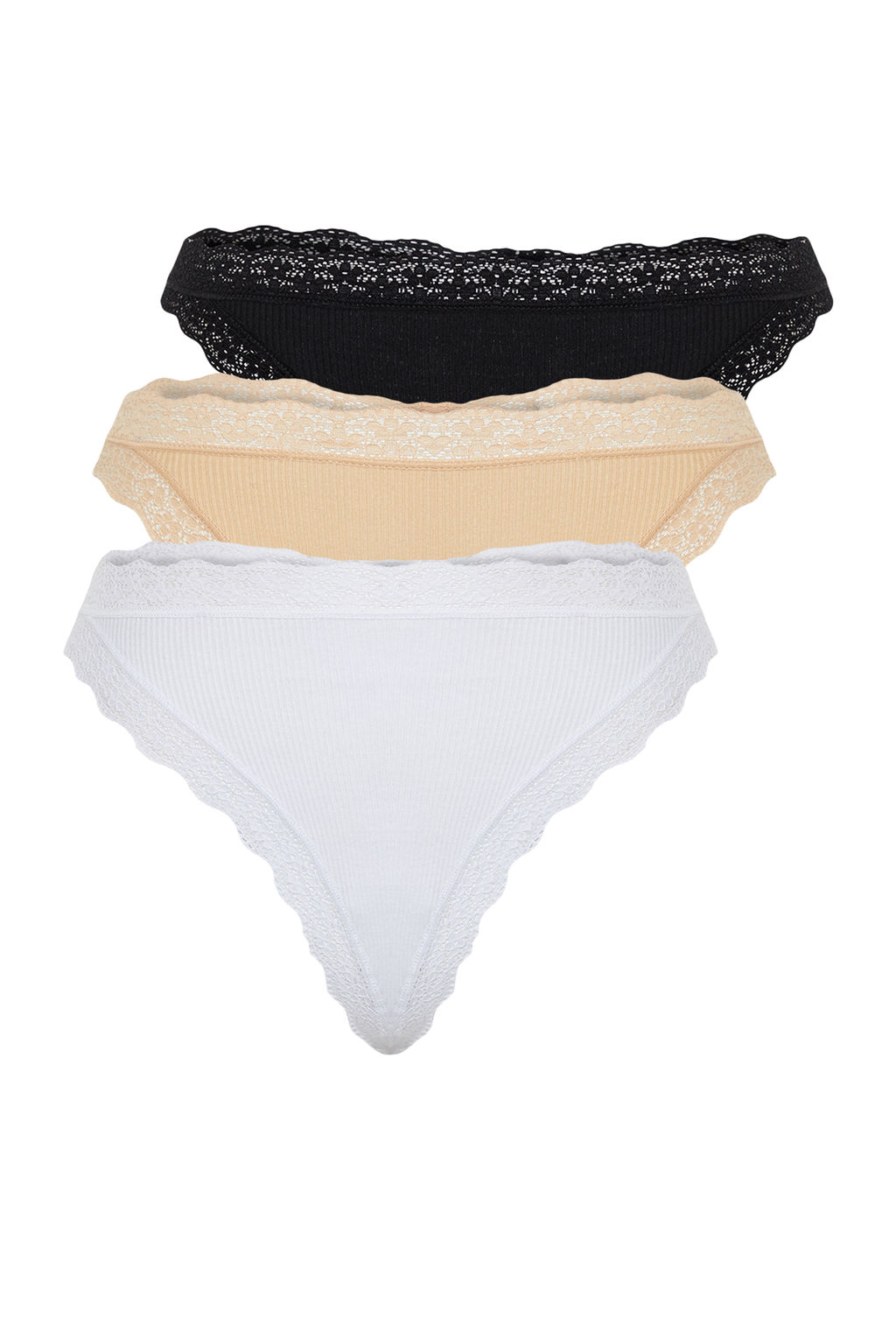 TRENDYOLMILLA Siyah-Beyaz-Ten 3lu Paket Pamuklu Fitilli Dantelli String Orme Kulot THMSS24KU00004  фото 7