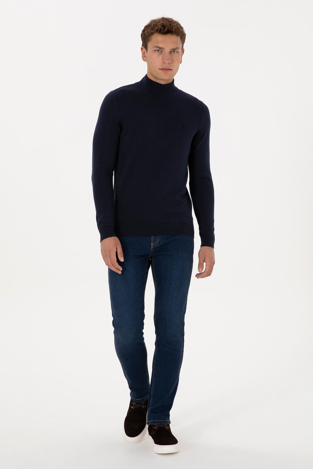 Erkek Slim Fit Yar_m Bal_k__ Yaka Lacivert Basic Kazak