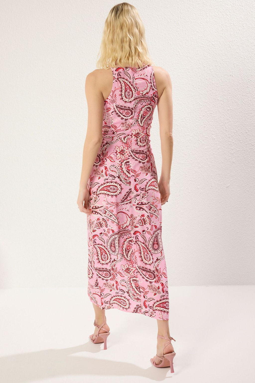 Pembe Sal Desen A Kesim Baglama Detayl? Midi Dokuma Elbise TWOSS24EL00458