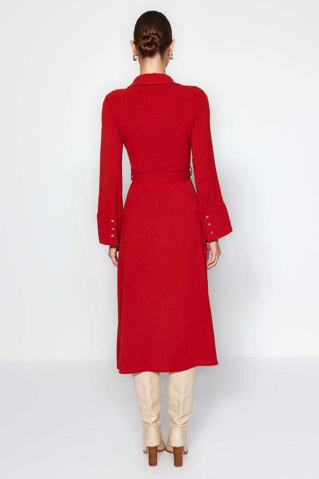 Kiremit Kusakl? Dugmeli Dokuma Gomlek Elbise TWOAW24EL00359