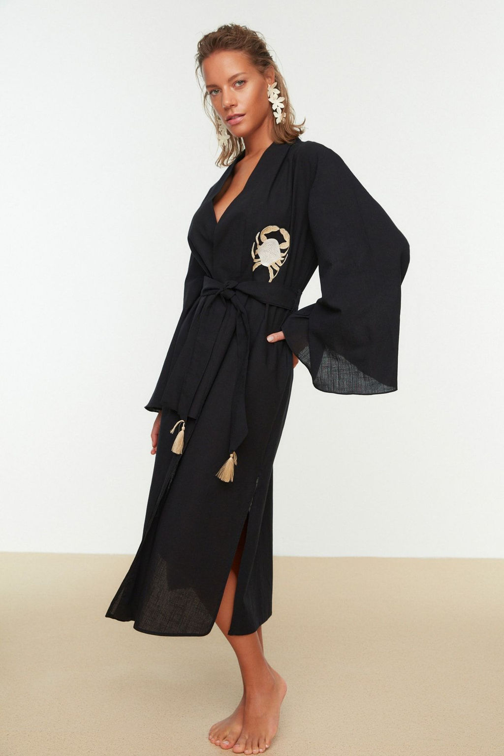 Siyah Kusakl? Midi Dokuma Nak?sl? Flaml? Pamuk Plaj Kimono&Kaftan TBESS22KM0039 - Trendyolmilla фото 3