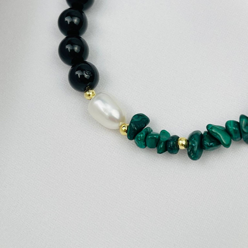 Браслет из черного Турмалина "Шерл",Малахита и Жемчуга 18 см +