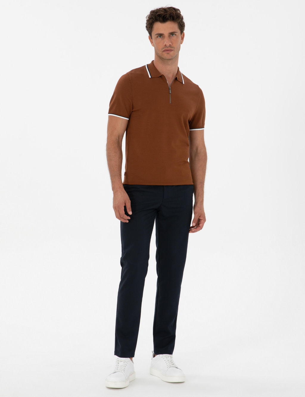 Kahverengi Slim Fit Polo Yaka Fermuarl_ Triko Kazak - Pierre cardin фото 4