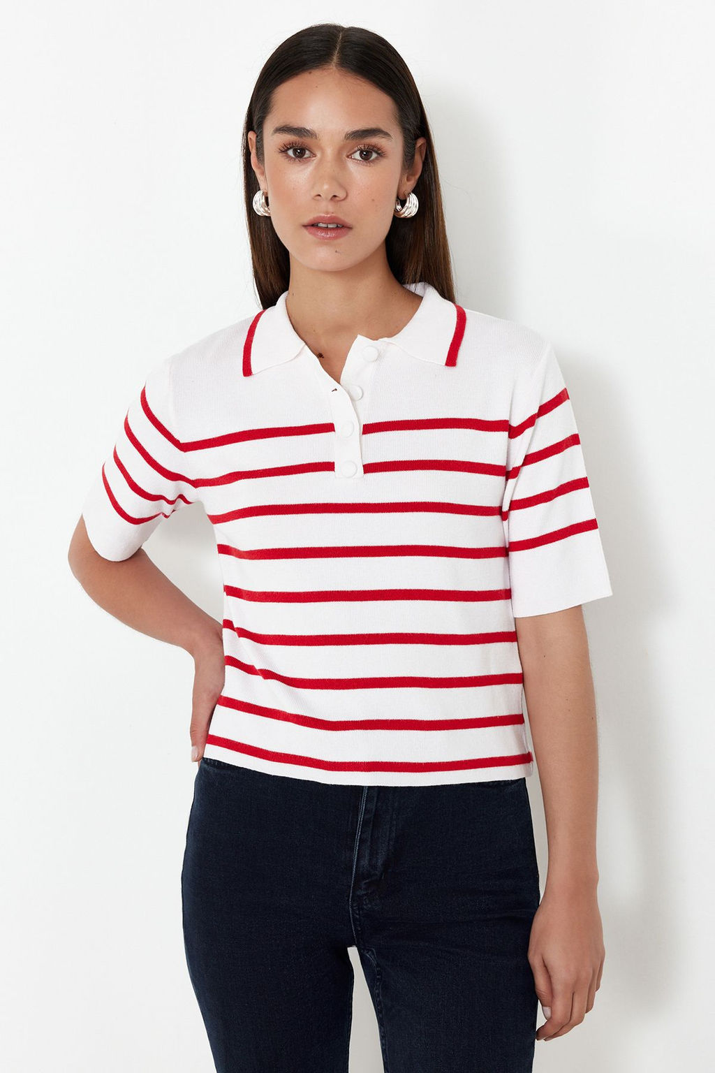 Ekru Premium Kalite Polo Yaka Cizgili Triko Kazak TWOSS24KZ00048 - Trendyolmilla фото 10