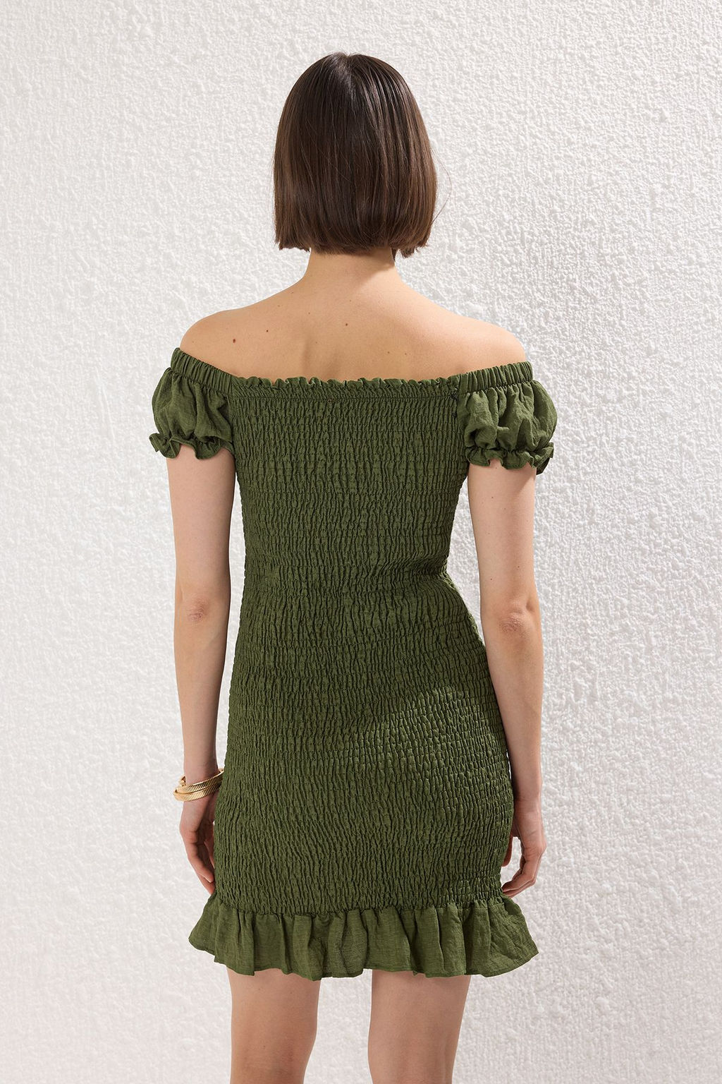 Haki Duz Vucudu Saran Gipeli K?sa / Mini Dokuma Elbise TWOSS23EL00892