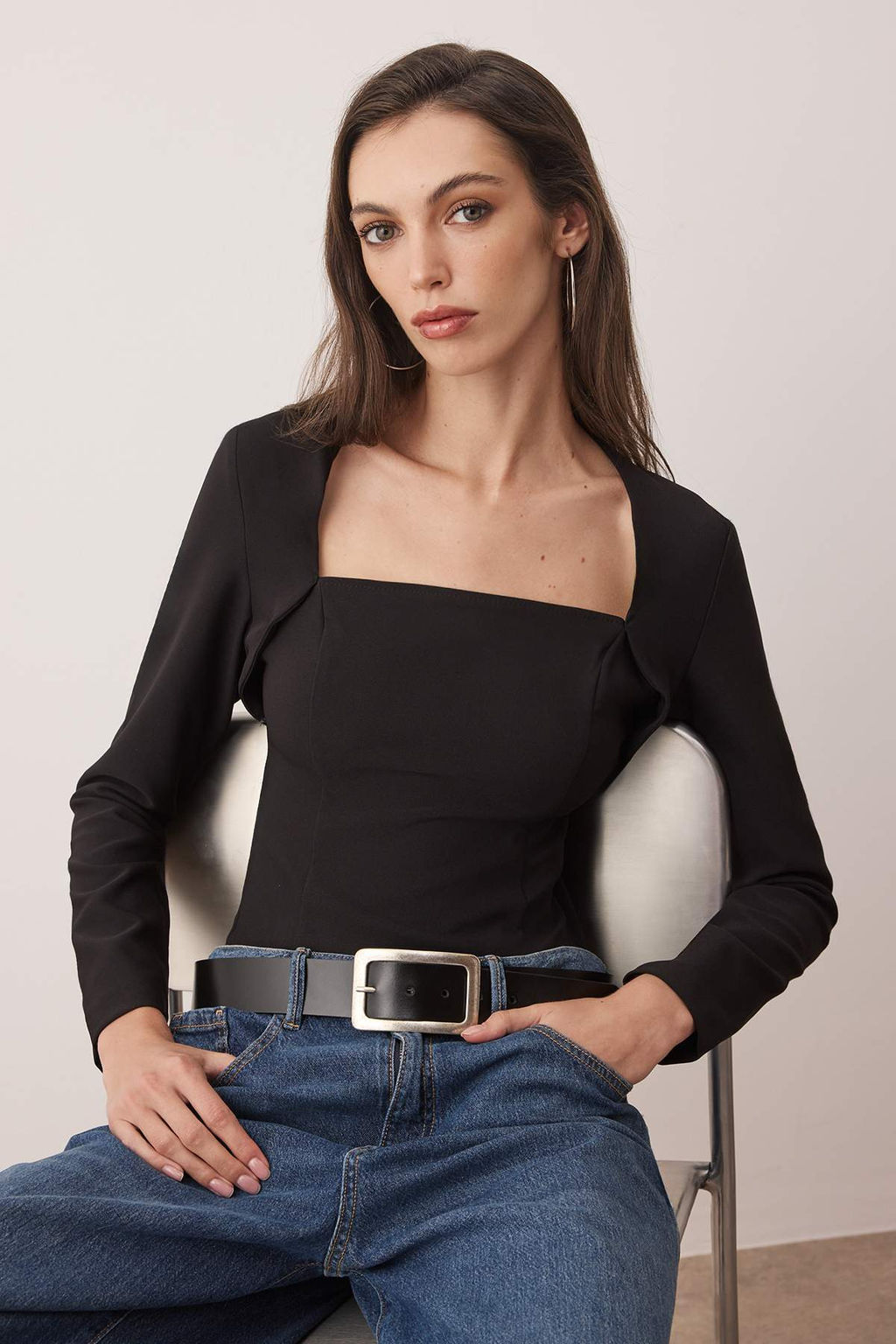 Ekru Kare Yaka Fitted Dokuma Bluz TWOAW26BZ00141 - Trendyolmilla фото 5