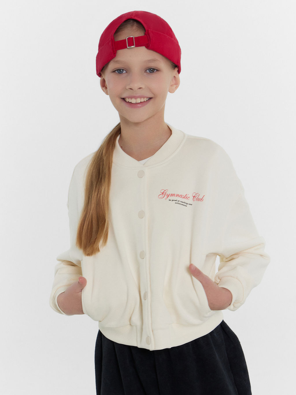 Бомбер для девочек кремовый с надписью gymnastic club