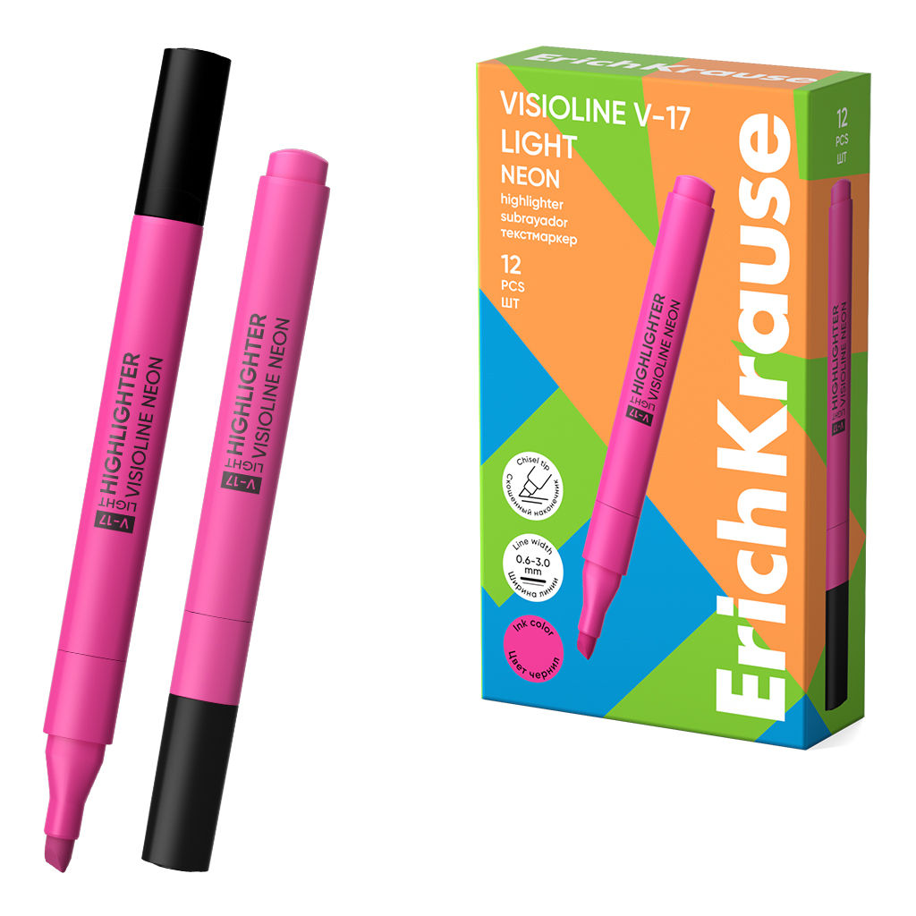 Цена за 12 шт. Текстмаркер ErichKrause Visioline V-17 light Neon, цвет чернил розовый (в коробке по 12 шт.)
