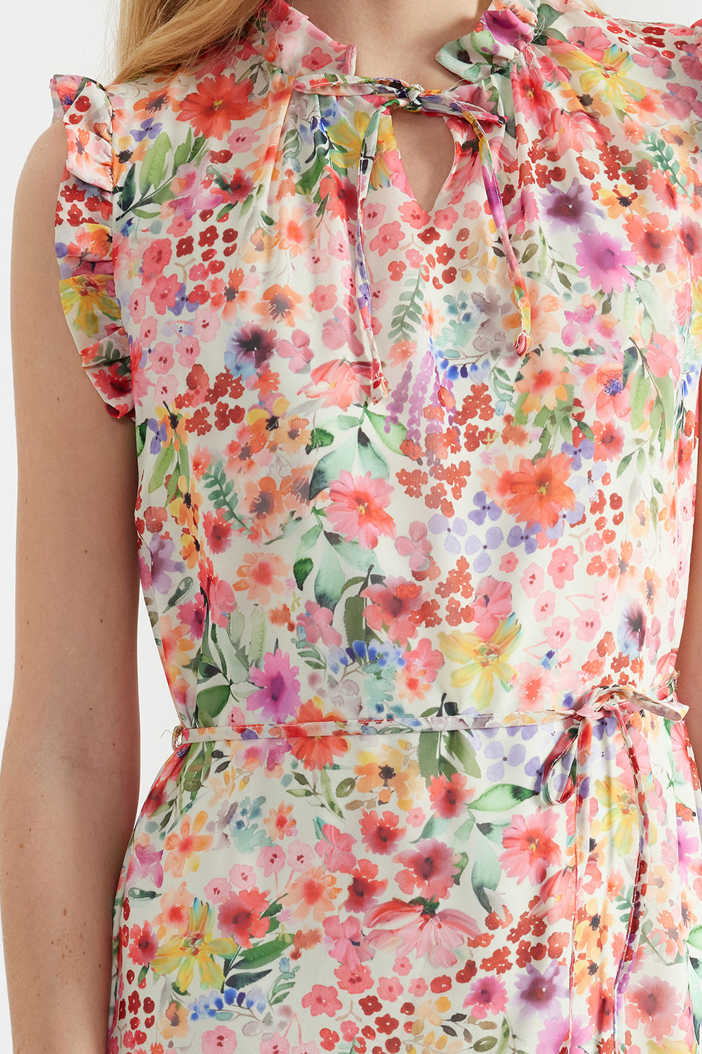 Pembe Cicek Desenli A-Kesim Midi Astarl? Sifon Dokuma Elbise TWOSS23EL01840