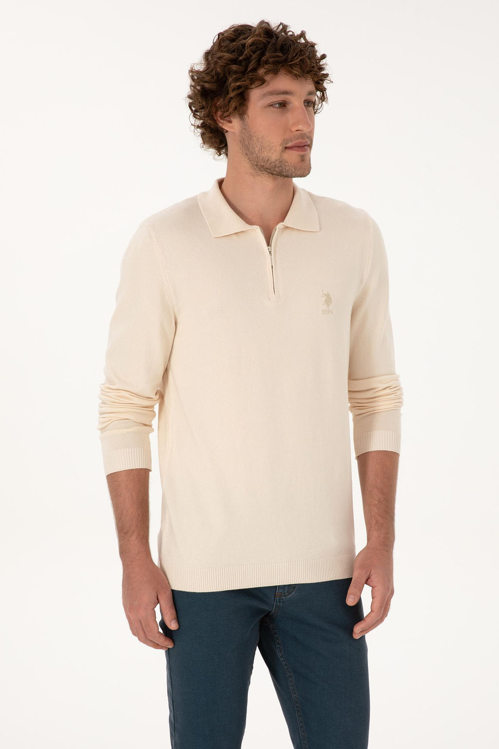 Erkek Slim Fit Yar_m Fermuarl_ Polo Yaka Krem Kazak