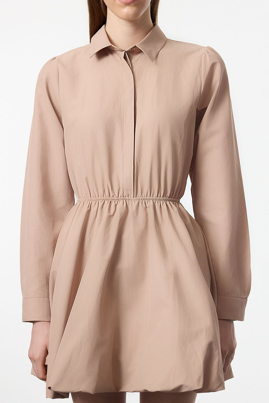 Camel Balon Etek Gomlek Yaka Mini Dokuma Elbise TWOAW25EL00489