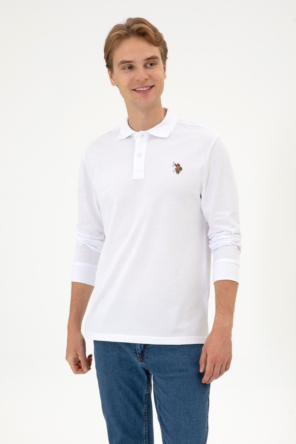 Erkek Regular Fit Polo Yaka Beyaz Basic Sweatshirt Sepette S_rpriz _ndirim