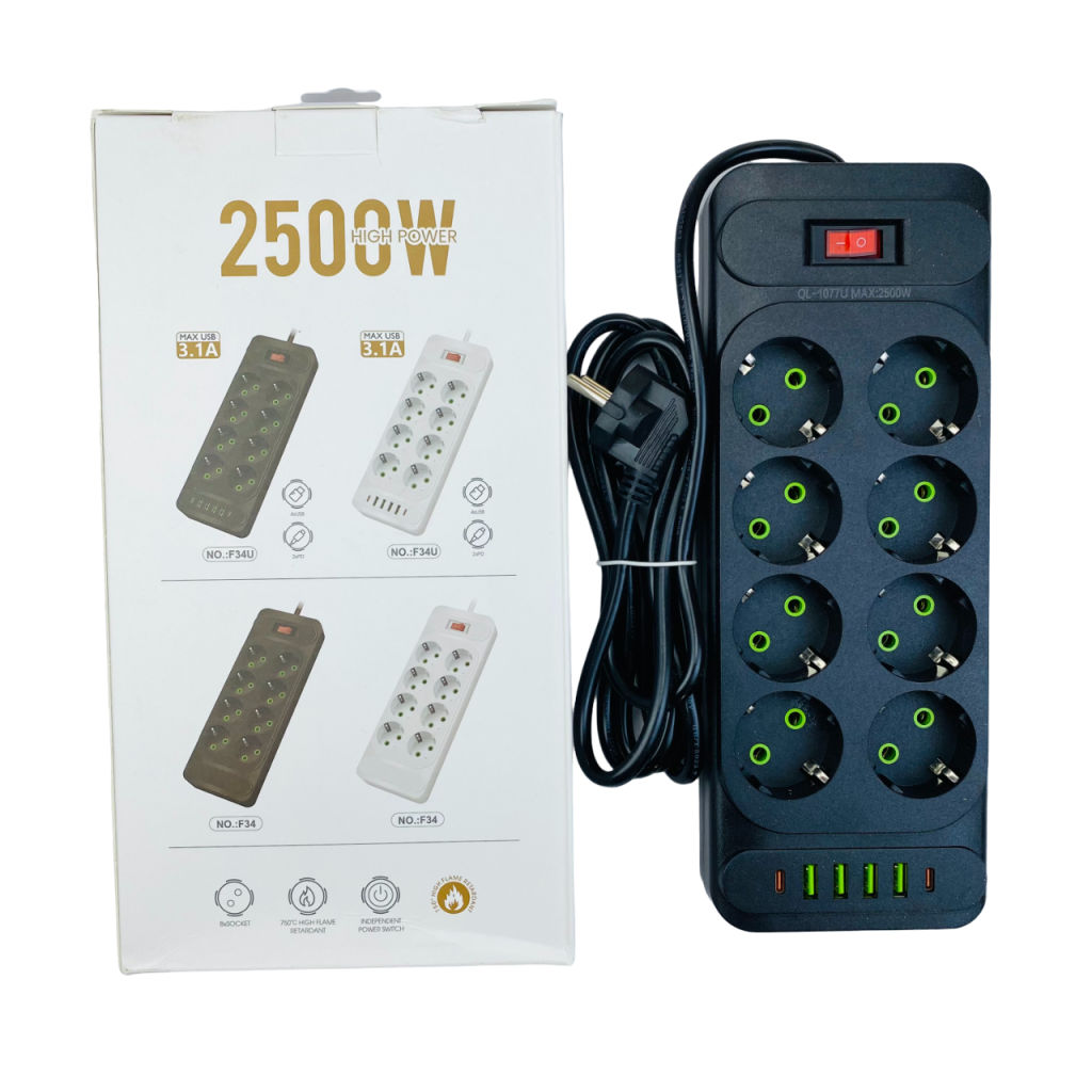 Сетевой фильтр удлинитель 8 розеток, 4 USB, 2 Type-C ,2 метра, выключатель,черный