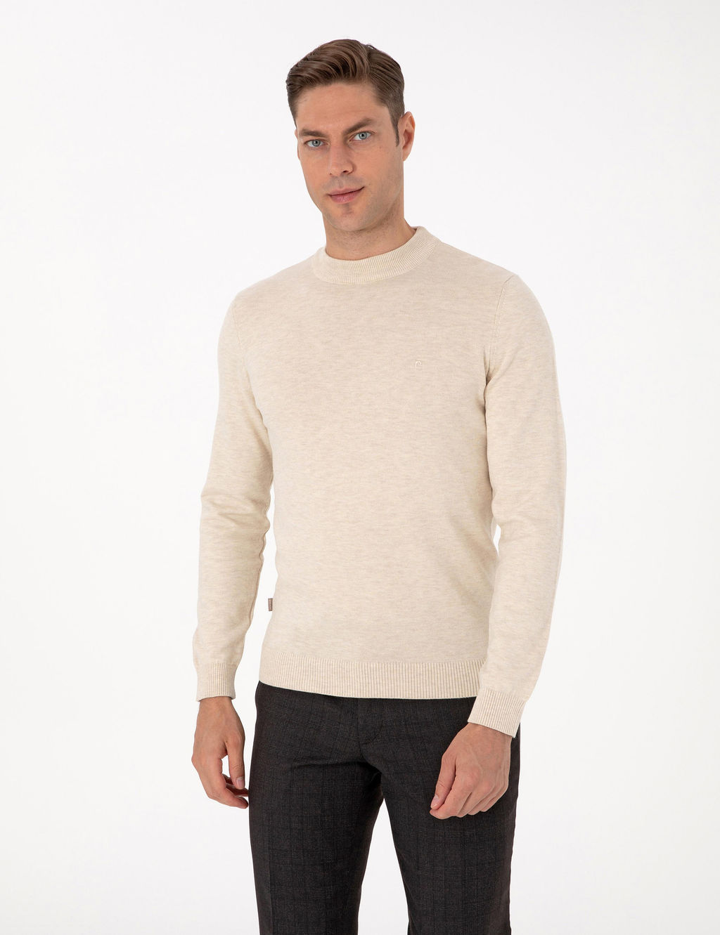 Krem Melanj Slim Fit _eyrek Yaka Basic Triko Kazak