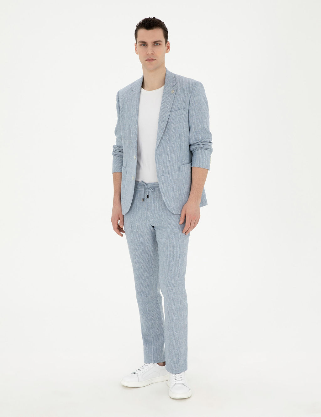 A__k Mavi Slim Fit Keten Kar___ml_ _izgili Tak_m Elbise
