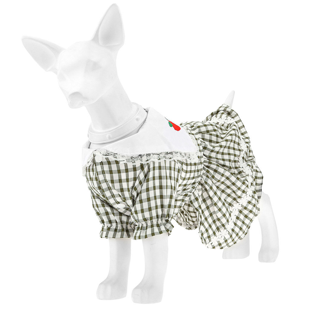 Пэт тойс (Pet toys) Одежда для собаки Платье с вышивкой, с кружевом, на кнопках р-р XL, длина спинки 34см/обхват груди 42см/обхват шеи 32см, цвет-хаки, 100% полиэстер (Китай) - Домашняя мода фото 4