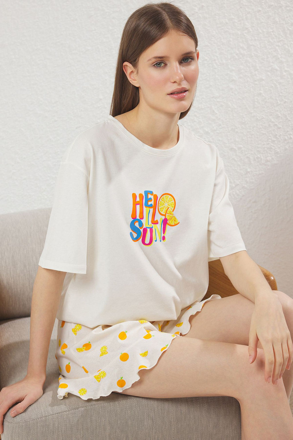 Kad?n Mini Me/Anne K?z Beyaz %100 Pamuklu Meyve Desenli Sortlu Orme Pijama Tak?m? THMSS25PT00295