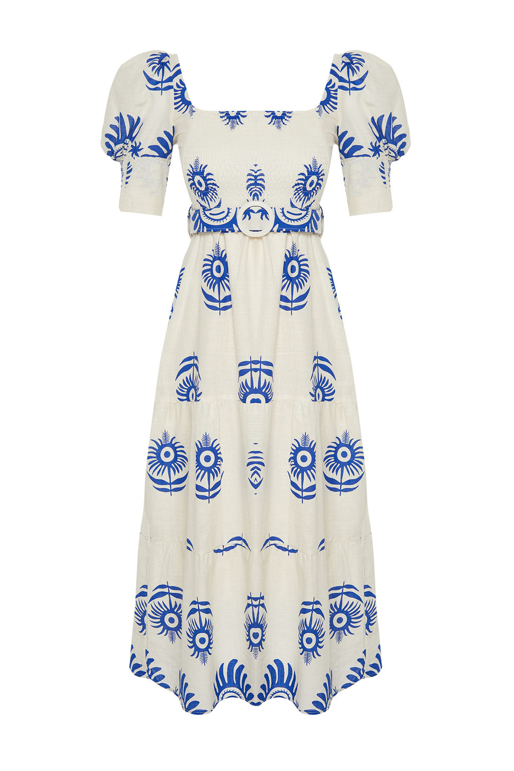 Pembe Desenli Kare Yaka Keten Gorunumlu Kemerli Midi Dokuma Elbise TWOSS24EL00779 - Trendyolmilla фото 15