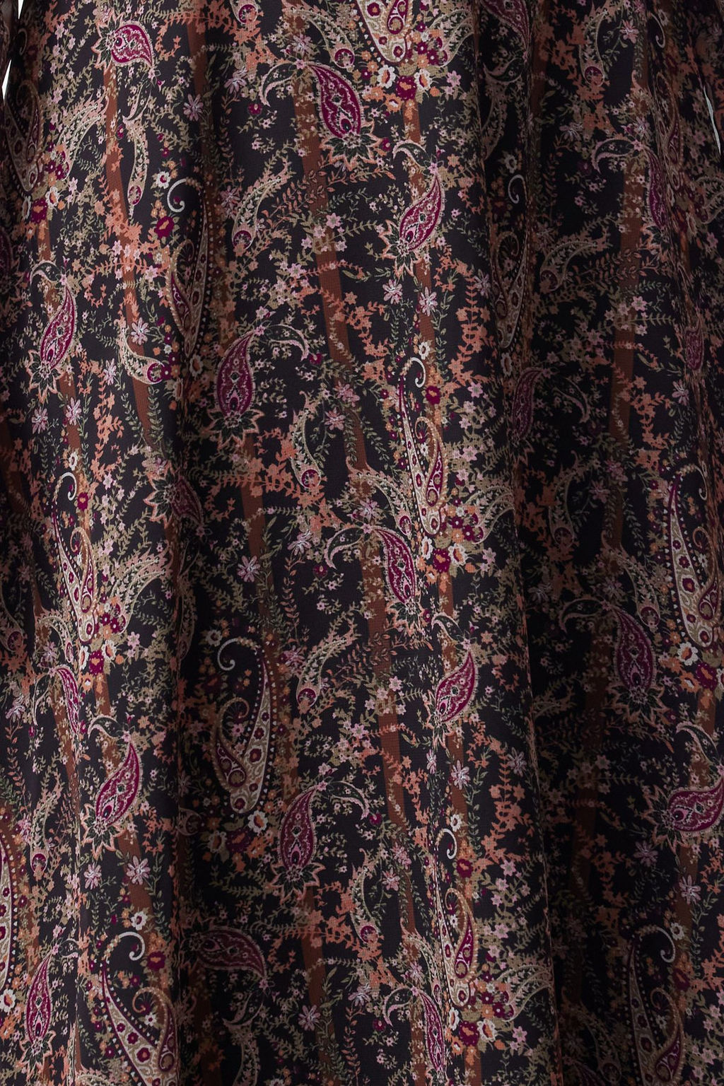 Kahverengi Cicekli Kemerli A Kesim Kruvaze Yaka Boho Desenli Sifon Midi Dokuma Elbise TWOAW24EL00660