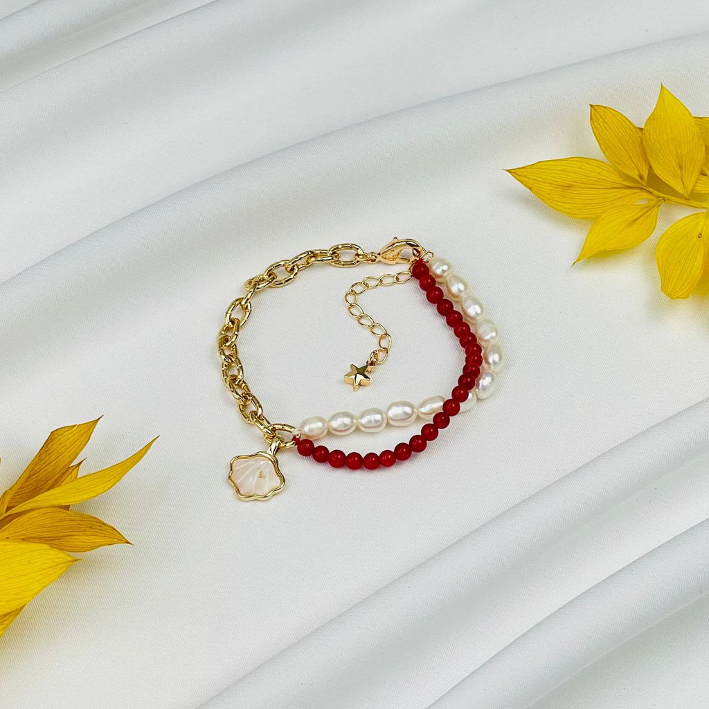 Браслет из Коралла и Жемчуга с цепочкой 16 см +