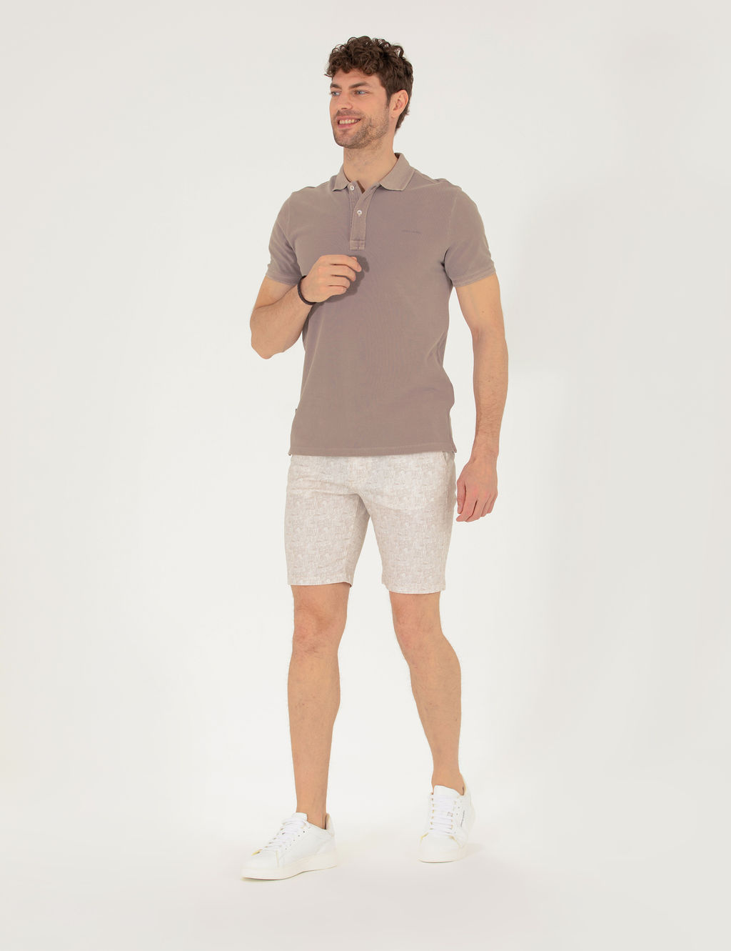 Bej Slim Fit Beli Lastikli Desenli Bermuda _ort