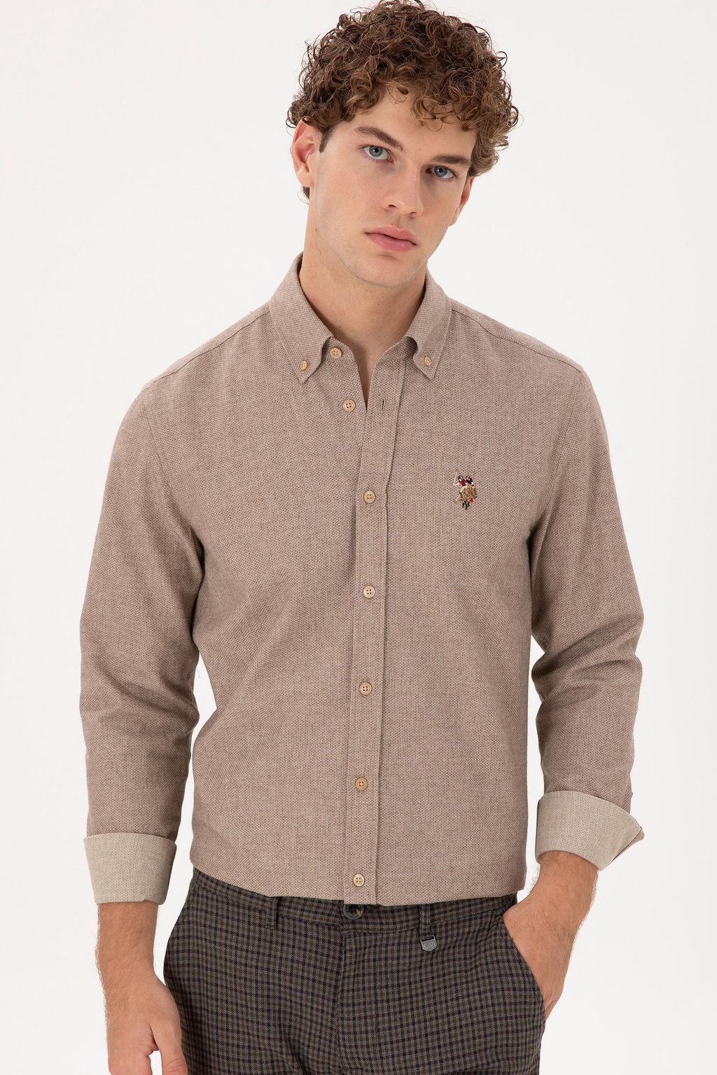Мужская рубашка светло-коричневого цвета с длинным рукавом - U.s. polo assn фото 3