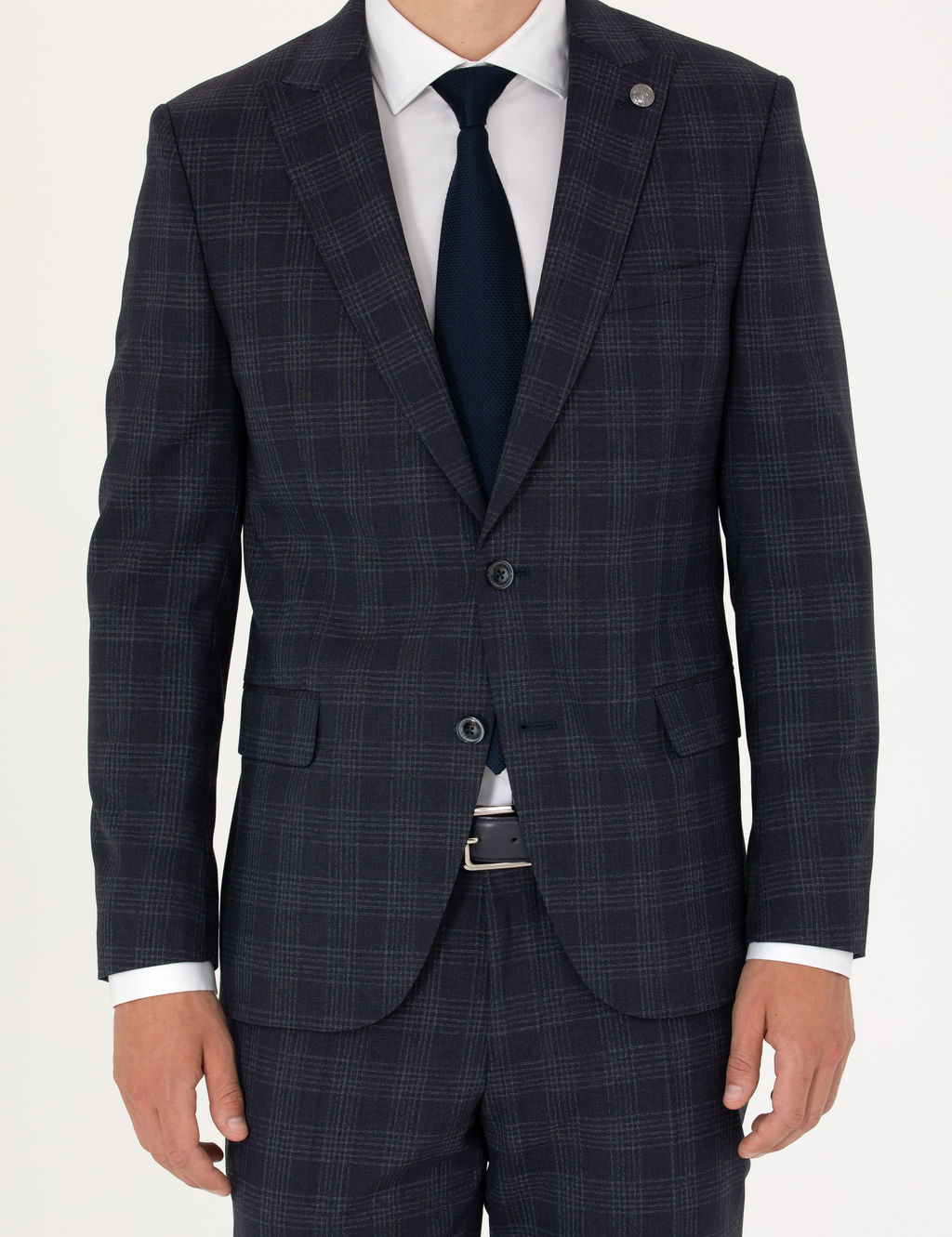Lacivert Ekose Ekstra Slim Fit Y_n Kar___ml_ Tak_m Elbise