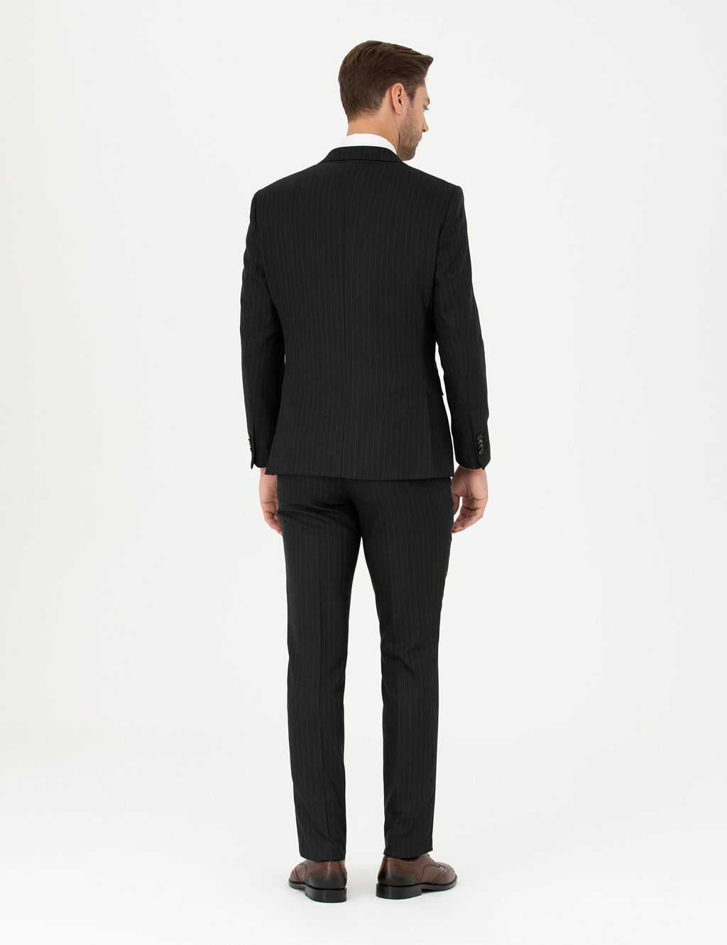Siyah Slim Fit _izgili Yelekli Tak_m Elbise