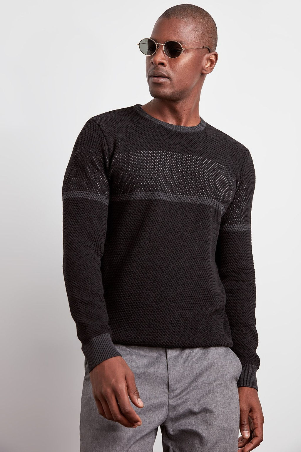 Siyah Slim Dar Kesim Bisiklet Yaka Renk Bloklu Triko Kazak TMNAW20LS0036 - Trendyolmilla фото 2