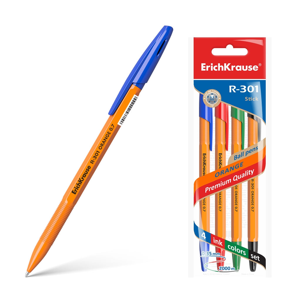 Цена за 24 шт. Набор из 4 ручек шариковых ErichKrause R-301 Stick Orange 0.7, цвет чернил: синий, черный, красный, зеленый (в пакете)