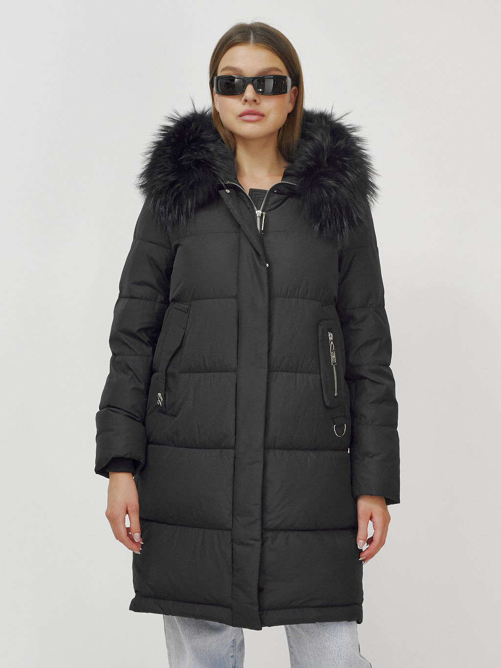 Куртка Бренд Visdeer  ПРЕМИУМ КЛАССА зимняя с мехом ЕНОТА, черного цвета  фото 18