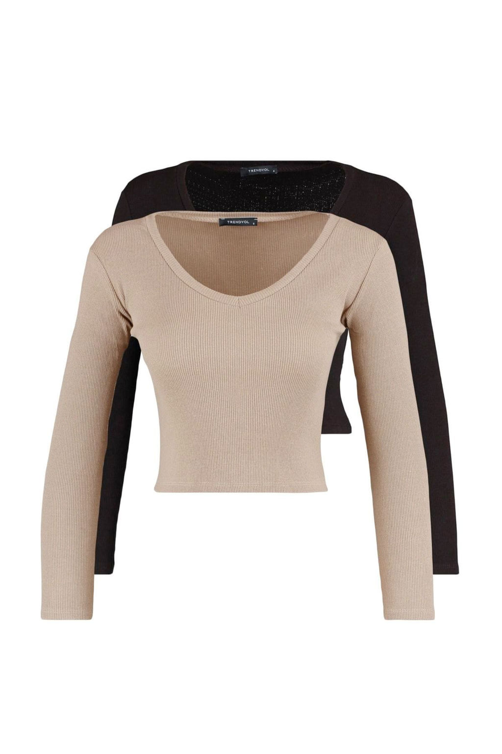 Trendyolmilla Kahverengi-Bej 2li Paket Crop Fitted/Vucuda Oturan V Yaka Fitilli Esnek Orme Bluz TWOAW22BZ0129