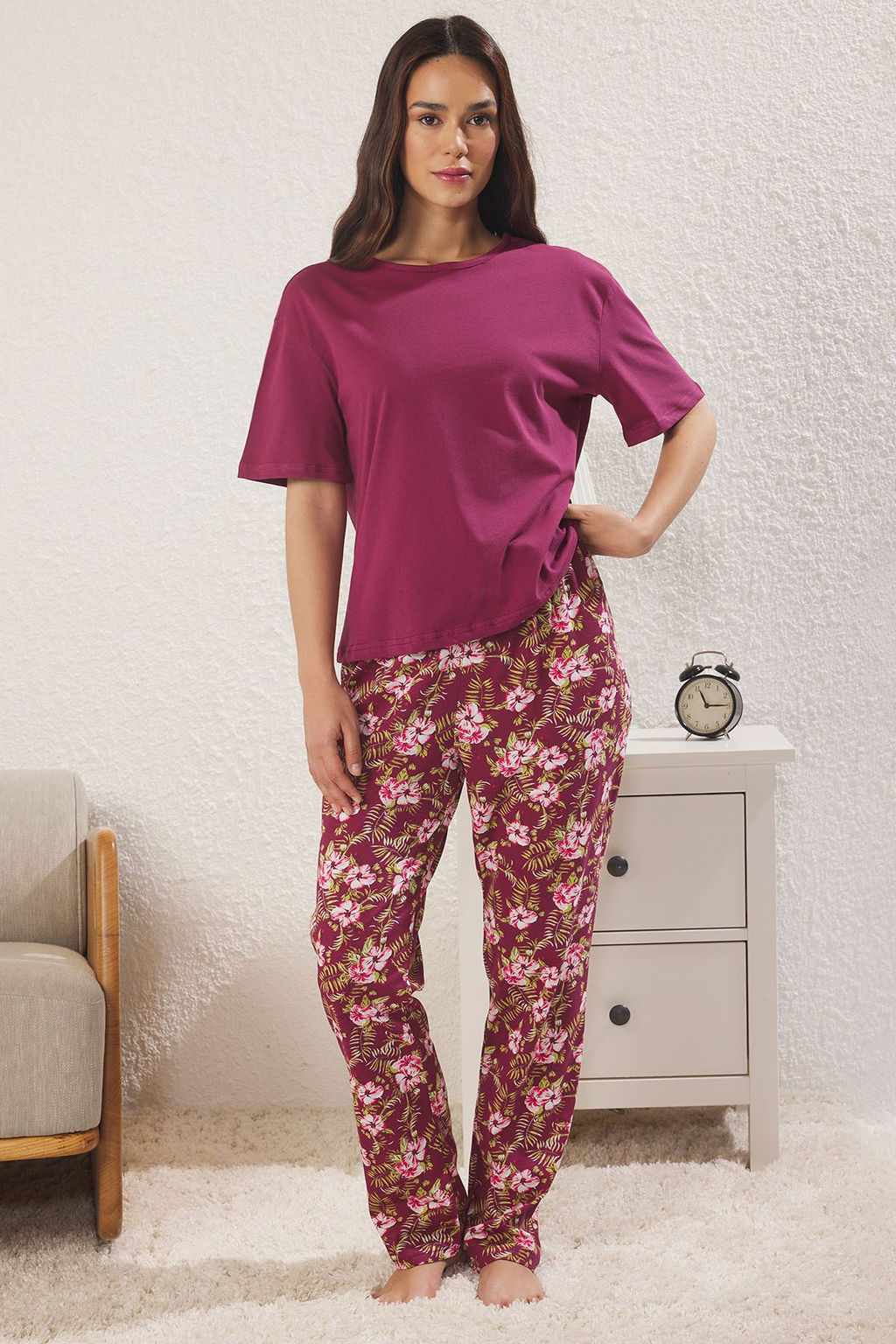 Trendyolmilla Fusya-Cok Renkli %100 Pamuklu Cicekli Orme Pijama Tak?m? THMSS24PT00230  фото 2