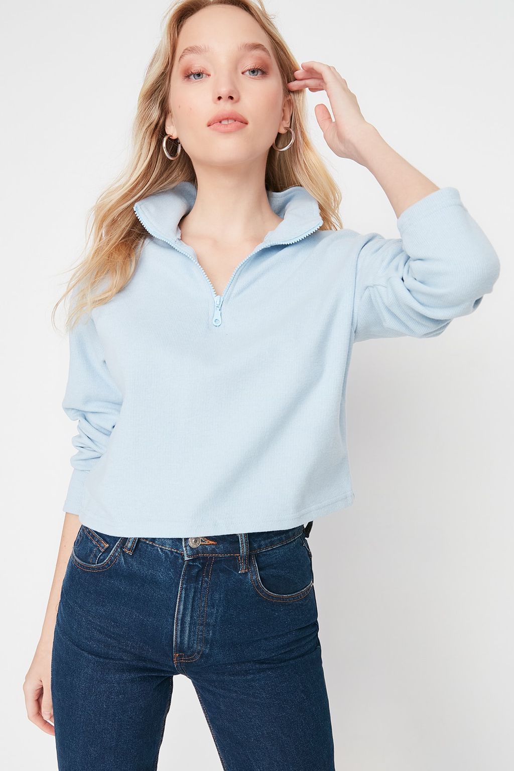 Mavi Selanik/Triko Gorunumlu Fermuarl? Yaka Regular/Normal Kal?p Orme Sweatshirt TWOAW22SW0732