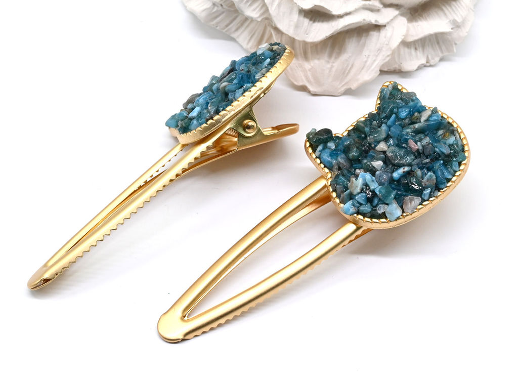 Заколка зажим Котик с натуральным апатитом 7*2,8*1,8см