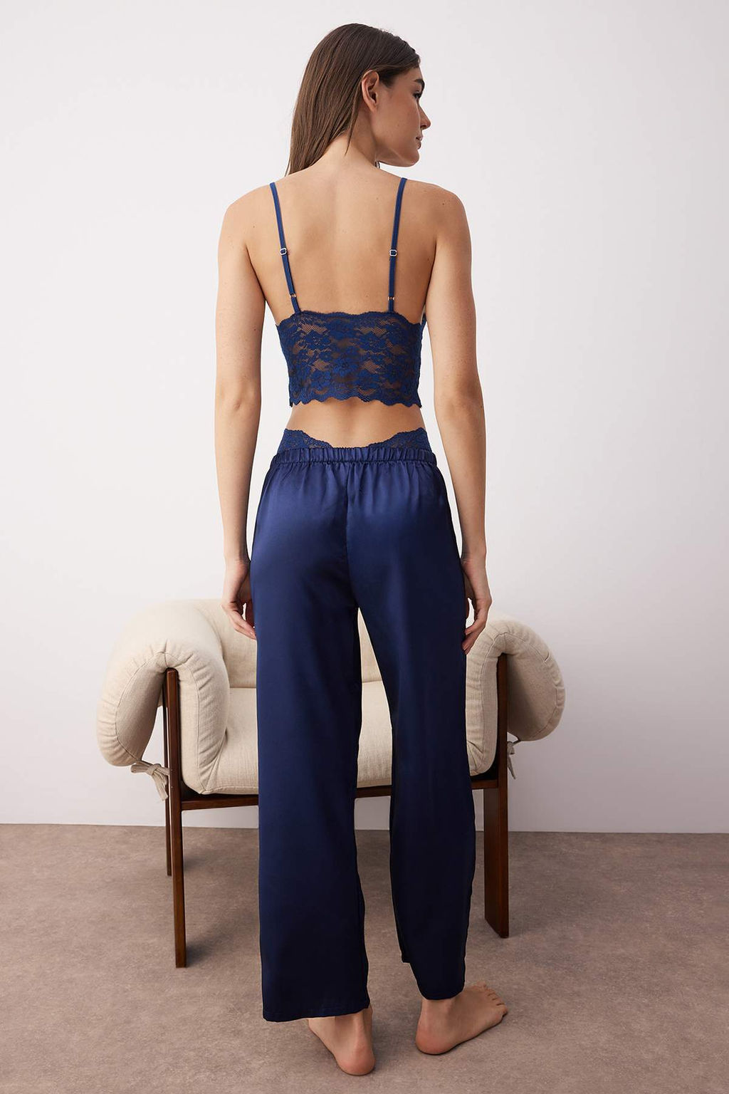 Lacivert 3lu Ceyiz Set Ust Dantel, Alt Saten Ask?l? Kulotlu Dokuma Pijama Tak?m? THMAW26PT00077