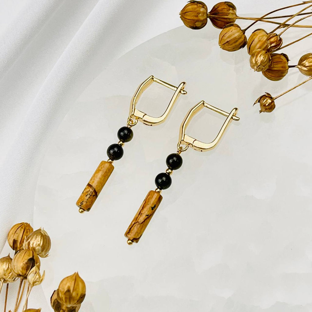 Серьги из золотистого Обсидиана и песочной Яшмы