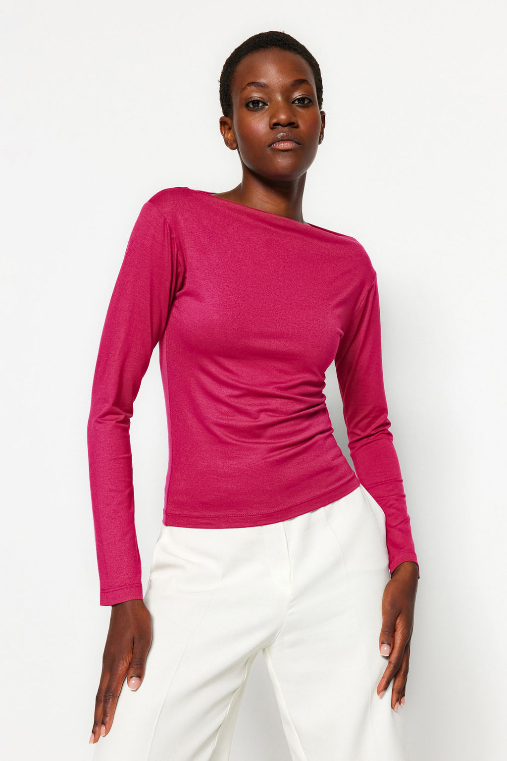 Trendyolmilla Lacivert Fitted/Vucuda Oturan Uzun Kol Kay?k Yaka Viskoz Esnek Orme Bluz TWOAW21BZ0106 фото 12