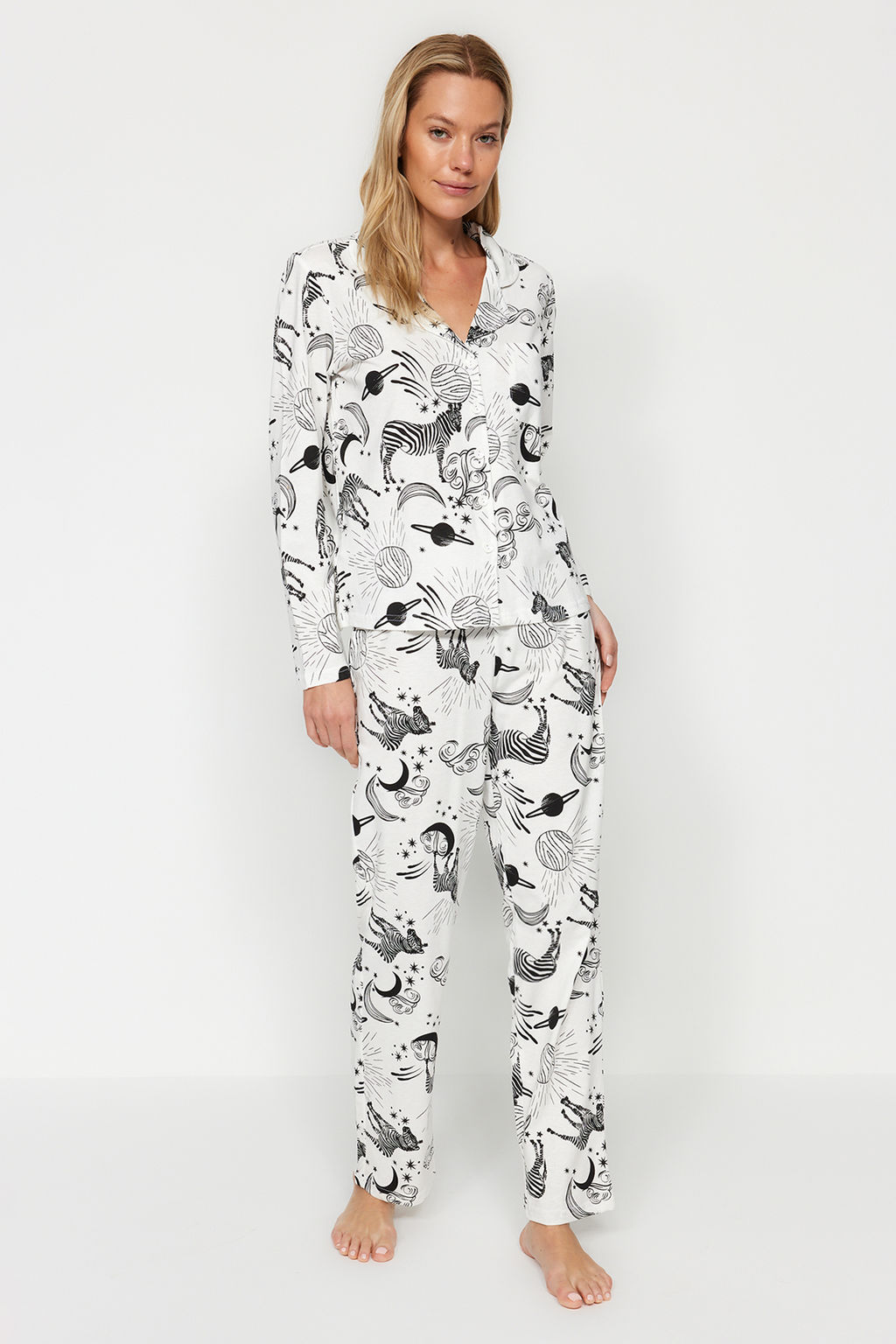 Trendyolmilla Ekru %100 Pamuklu Ay?c?kl? Gomlek-Pantolon Orme Pijama Tak?m? THMAW24PT00002  фото 25