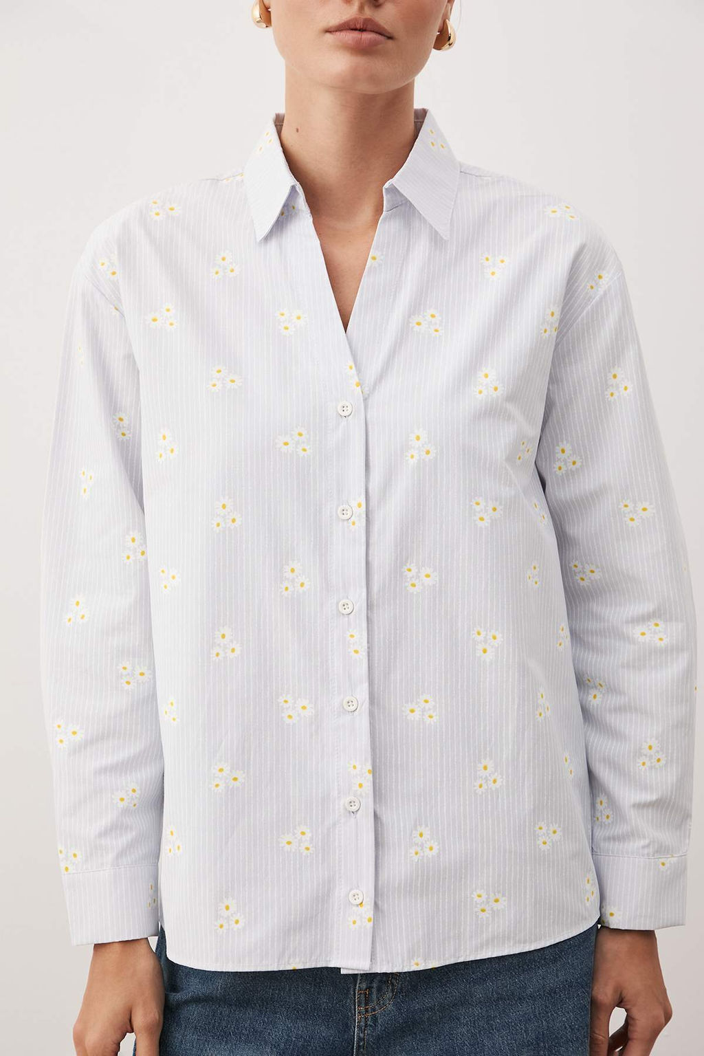 TRENDYOLMILLA Mavi Cizgili Cicek Desenli Pamuklu Oversize Genis Kal?pl Dokuma Gomlek TWOSS23GO00373  фото 12