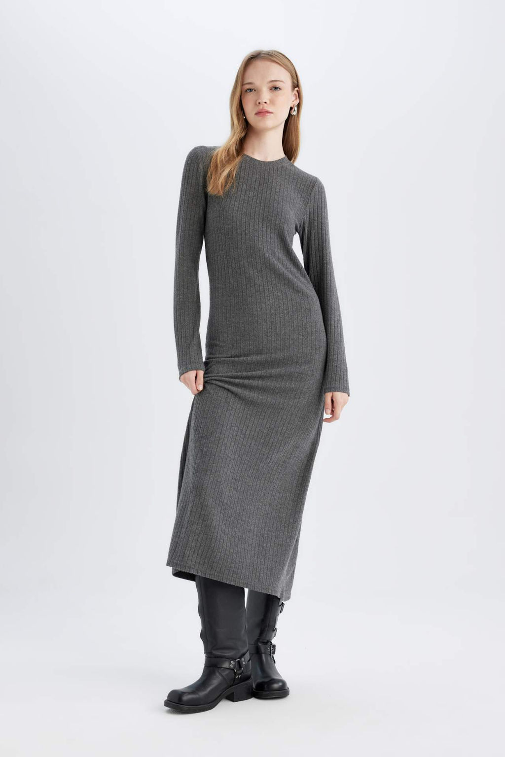 Bodycon Vucudu Saran Bisiklet Yaka Basic Duz Kaskorse Uzun Kollu Maxi Elbise - Defacto фото 2