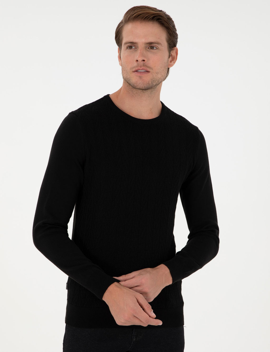 Siyah Slim Fit Bisiklet Yaka Triko Kazak