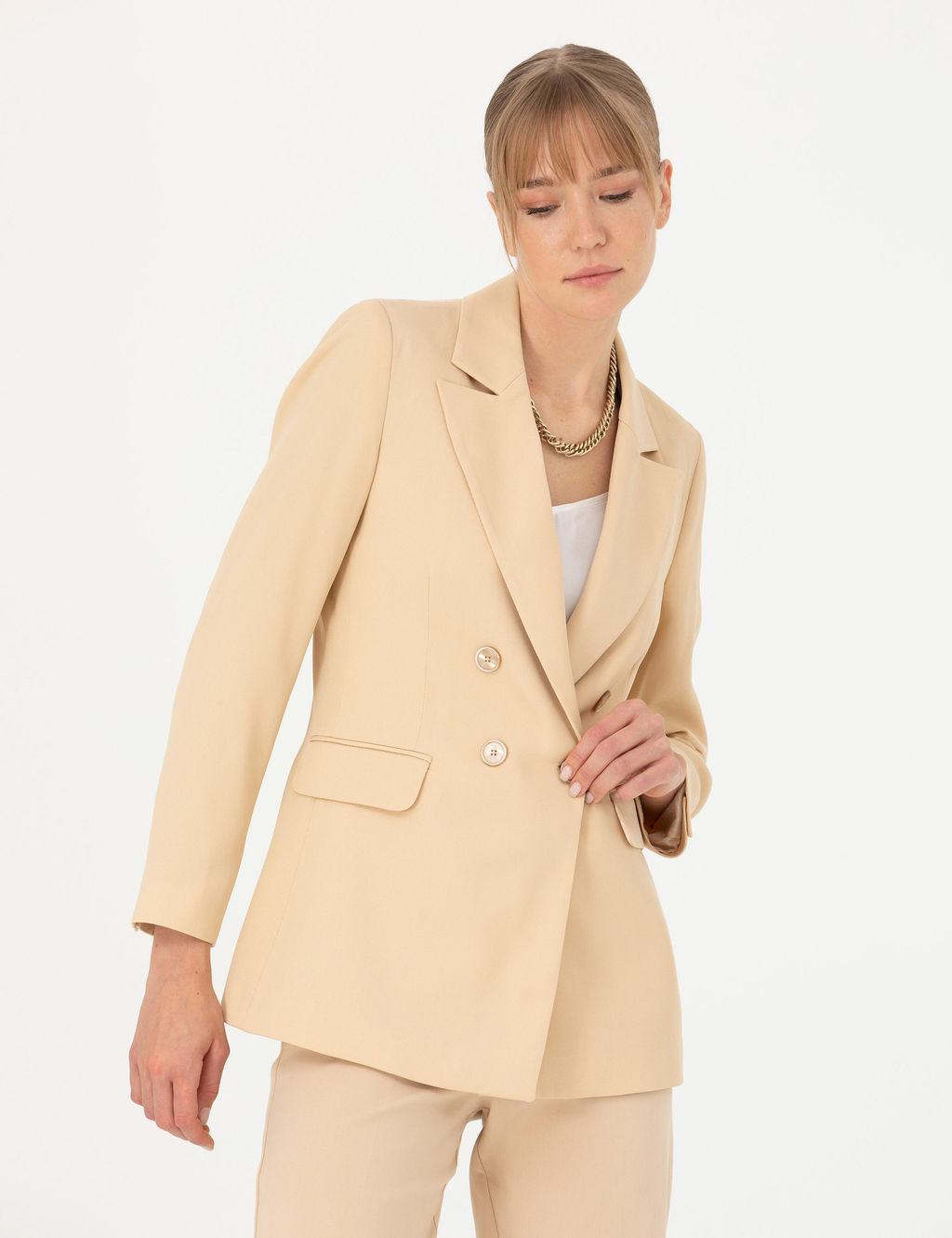 Bej Kruvaze Slim Fit Ceket