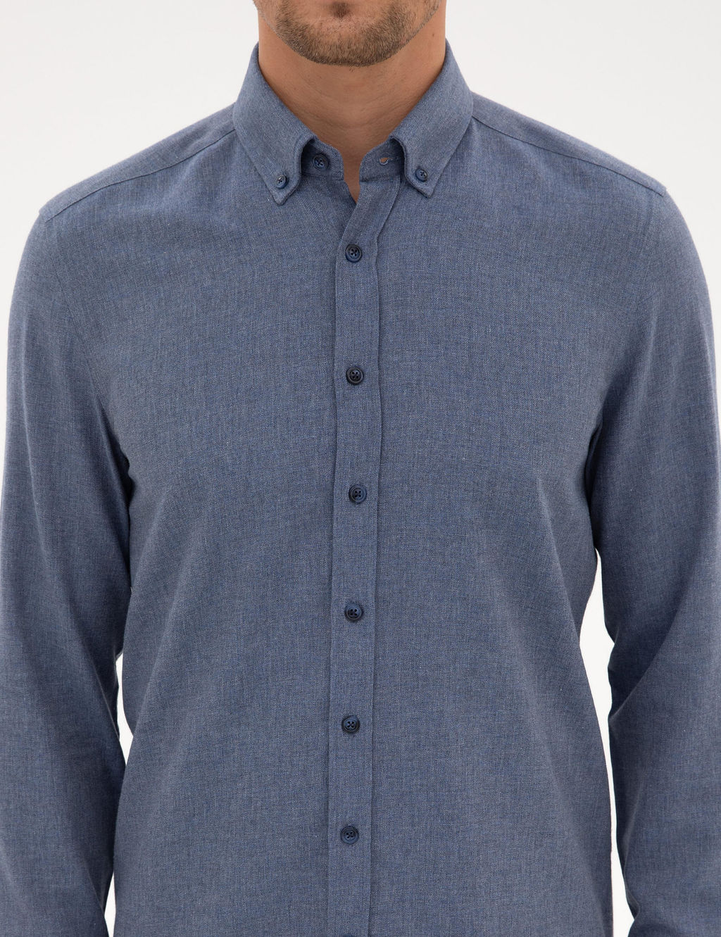 Koyu Mavi Flanel Dokulu Slim Fit Uzun Kollu G_mlek