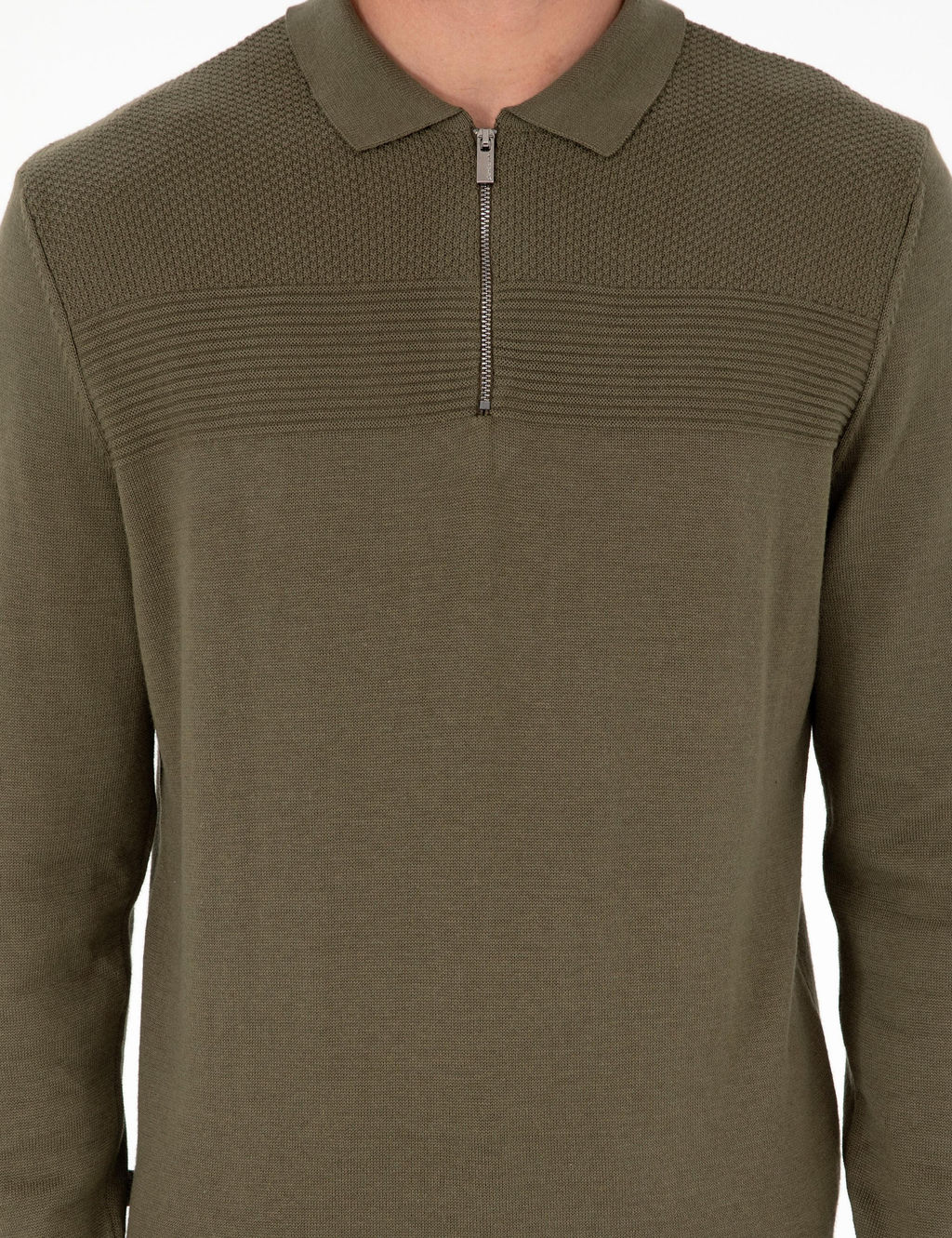 Koyu Haki Slim Fit Fermuarl_ Polo Yaka Triko Kazak - Pierre cardin фото 6