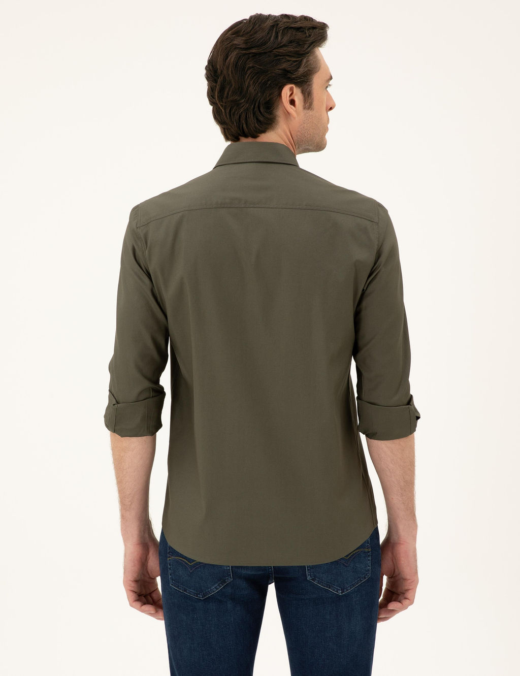 Рубашка приталенного кроя цвета хаки из смесового хлопка - Cacharel фото 5