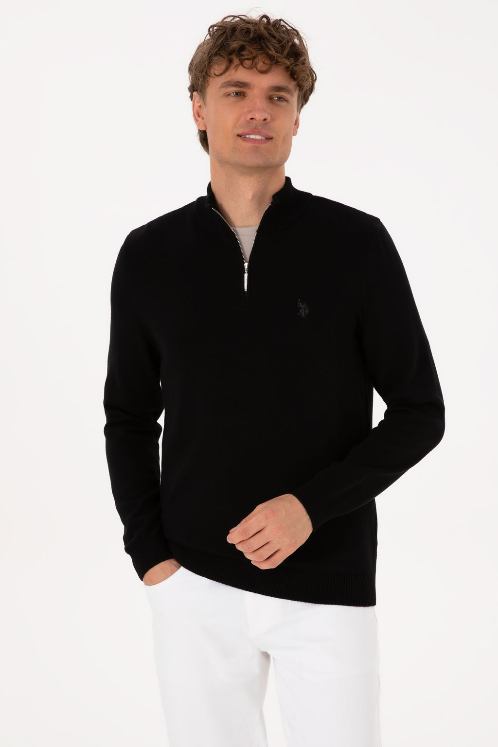 Erkek Slim Fit Yar_m Fermuarl_ Siyah Basic Kazak - U.s. polo assn фото 8